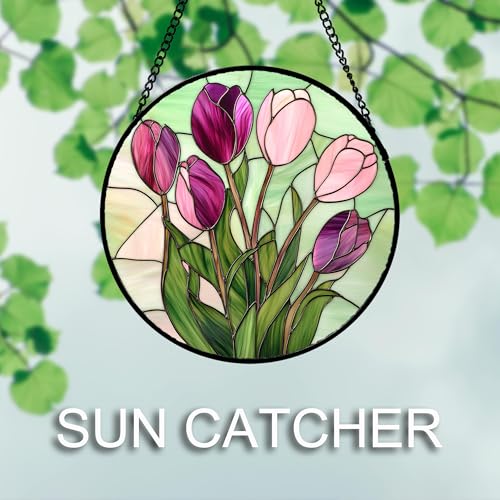 Stained Glass Window Hanging 4 Pcs Set Tulips Plum Flower Daffodils Hyacinths 9.8" (4-piece Purple Flower Set / 9.8x9.8 IN)