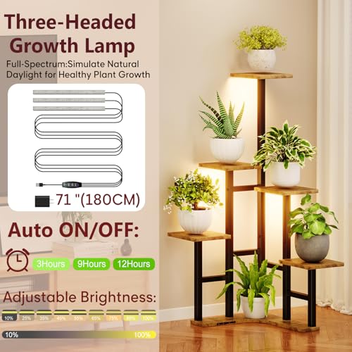 Corner Plant Stand Indoor with Grow Lights Set of 2 (Rustic Brown(with Lights) / 6 Tier-Square-Set of 2)