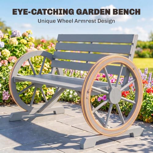 41" Wooden Outdoor Bench Rustic Wagon Wheel Light Gray