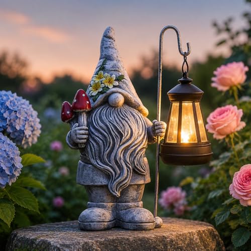 Garden Gnome Statue with Lantern (Mushroom Gnome)
