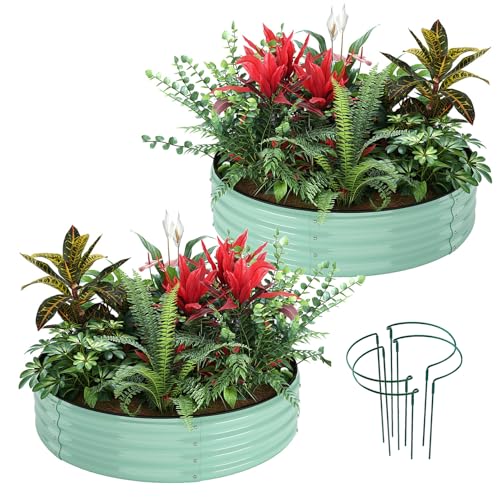 Galvanized Metal Planter Round Raised Garden Bed Kit for Gardening Outdoor (Pale Green / 2x2x1FT（2pcs）)