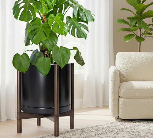 Ceramic Pot with Walnut Wood Stand (14 Inch / Black Pot + Walnut Color Stand)