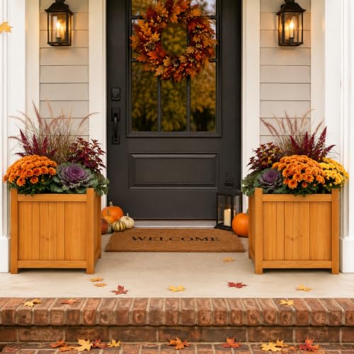 2 Pack 16" Square Fir Wood Planter Boxes with Drainage Holes (Square Planter Boxes-natural Fir Wood Color)