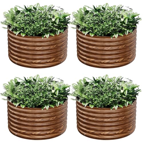 4 Pack Brown 2x2FT Round Corrugated Galvanized Steel Raised Garden Bed Outdoor (Brown / 2x2FTx10inch)