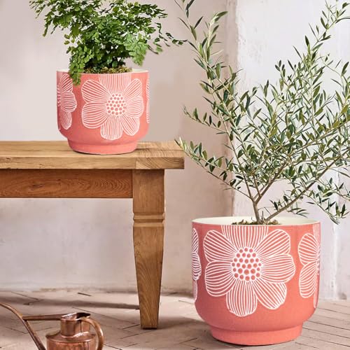 Ceramic Plant Pots (8+6 Inch / Mordern Red Floral)