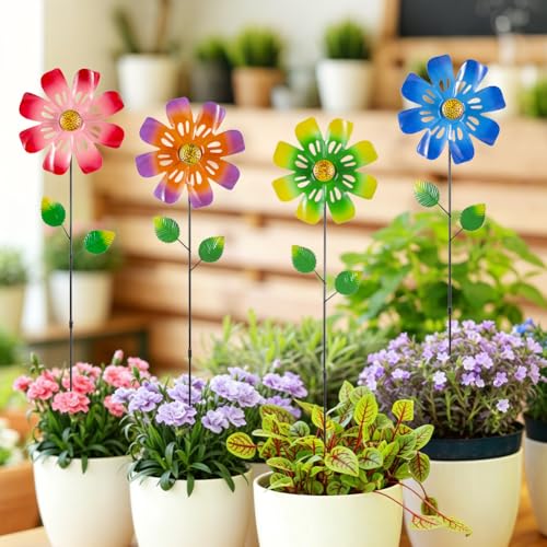 4 Packs Flowers Wind Spinners Outdoor (Flowers-bright)