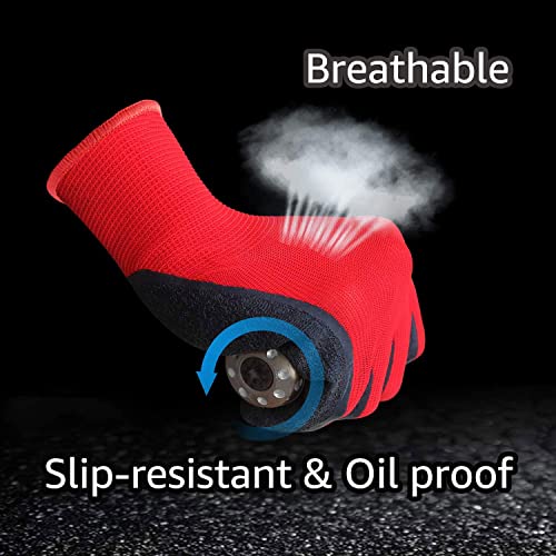 Crinkle Latex Rubber Coated Safety Work Gloves for Men Women (Small / Red-12 Pairs)