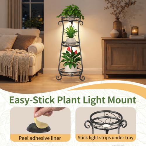 3 Tiers Metal Corner Plant Stand Tall with Light for Indoor Outdoor (Black with Light / 3 Tier)
