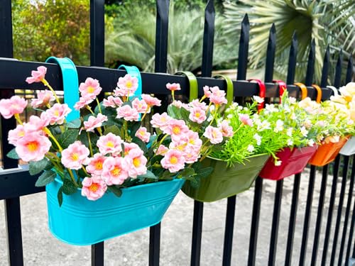 8 Pack 12" Colorful Metal Railing Planters with Hooks for Outdoor Fence (Oval - 11.8 Inch)
