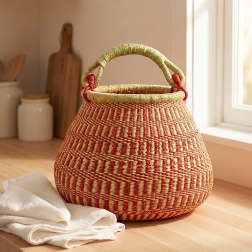 African Bolga Basket with Handle (Checkerd Red)