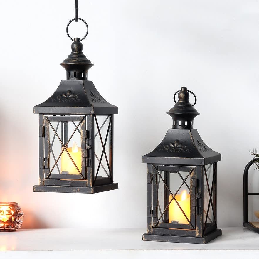Set of 2 Decorative Candle Lantern 11'' High Metal Candle Holder Hanging Lantern Perfect for Home Decor Halloween Living Room Parties Events Tabletop Indoors Outdoors (Black)