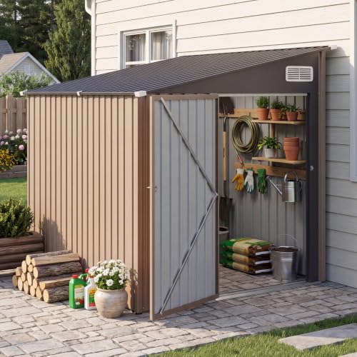 8x6 FT Lean to Outdoor Storage Shed with Sloping Roof (Brown / 6'x8')