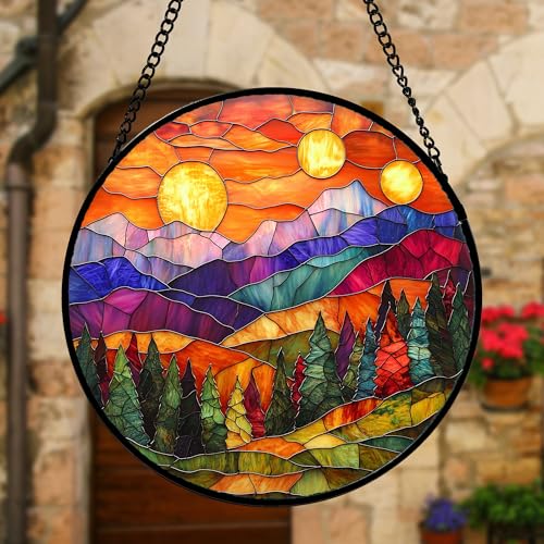 Mountain Sunset Forest Stained Glass Window Hanging Suncatcher Gifts 12"