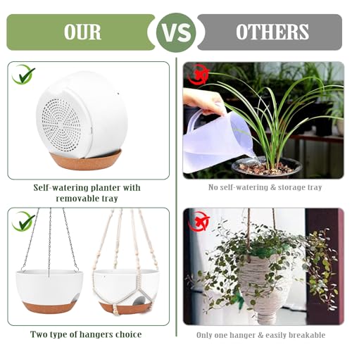 10 Inch Self Watering Hanging Planters with Metal Chain & Macrame Hangers (2 Type Plant Hangers White / 12 Inch)