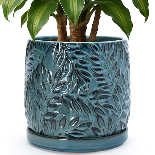 Embossed Leaves Ceramic Planter (10 Inch / Ocean Teal)
