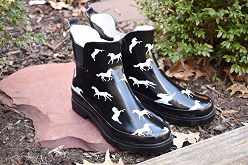 Women's Waterproof Ankle Rain Boots (9 / Black Horses)