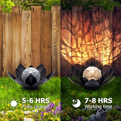 Solar Lights Outdoor Garden Decor Metal Black Lotus Decoration (All Black)