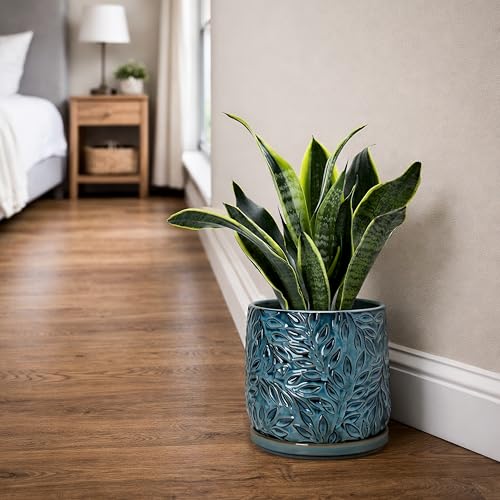 Embossed Leaves Ceramic Planter (8 Inch / Ocean Teal)