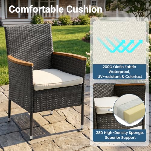 Rattan Patio Table and Chairs Set with Acacia Wood Tabletop (Grey-beige / 5-Pieces)