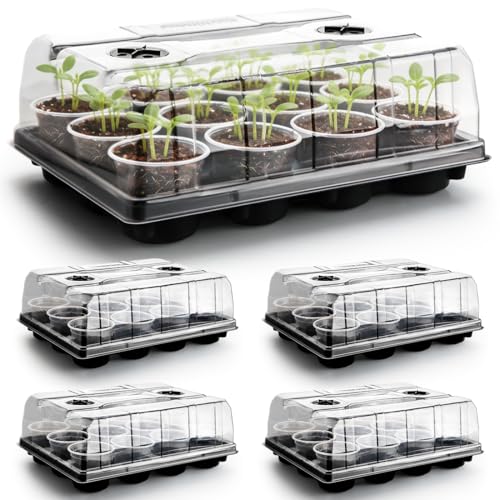 5 Pack 12 Cell Nursery Pot Trays with Adjustable Humidity Domes & 4 Inch Clear Pots 60 Pack (Black + Clear / 4 Inch 60 Pack Pots With 5 Pack Trays with Domes)