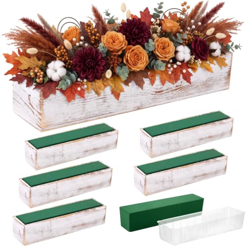 6 Set Wood Boxes for Centerpieces 16x4 Inch Rectangle Wooden Planter Box Rustic Wooden Planters with Removable Plastic Liner Floral Foam Blocks for Christmas Wedding Home Garden Decor (16 x 4 Inch / White)