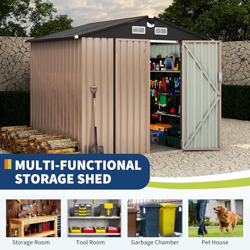 6x8 FT Metal Storage Sheds Outdoor with Solar Light (Brown / 6x8FT with Light)