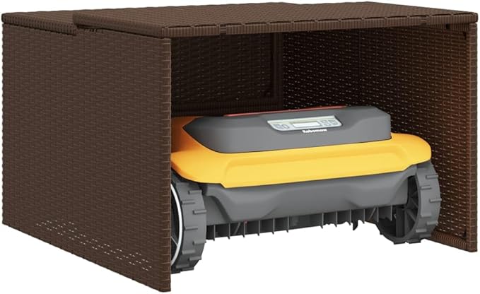 vidaXL Robot Mower Garage - Brown Poly Rattan, Weather- Storage Shed, 33.9"x35.4"x20.5"/22.4" for Garden Robotic Lawn Mower