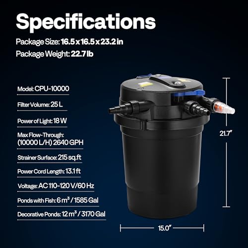 2640GPH Auto Cleaning Pressurized Bio Pond Filter with 18W Light (2640 GPH)