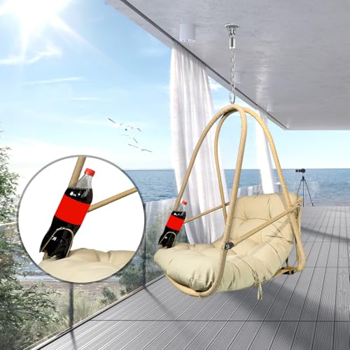 Swing Egg Chair with Stand Foldable Wicker Frame UV Resistant Waterproof Cushion Hanging Chairs with Cup Holder 350lbs Capacity Swing Hammock Chairs for Patio Bedroom Indoor Outside (Beige)