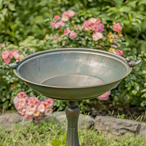 Ornate Pedestal Style Birdbath with Cast Iron Birds on Rim