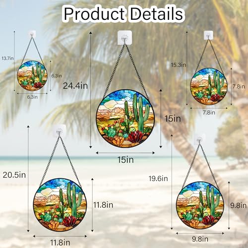 Cactus Desert Flower Stained Glass Window Hanging Suncatcher Gifts 12" (Brown and Green / 11.8x11.8 IN)