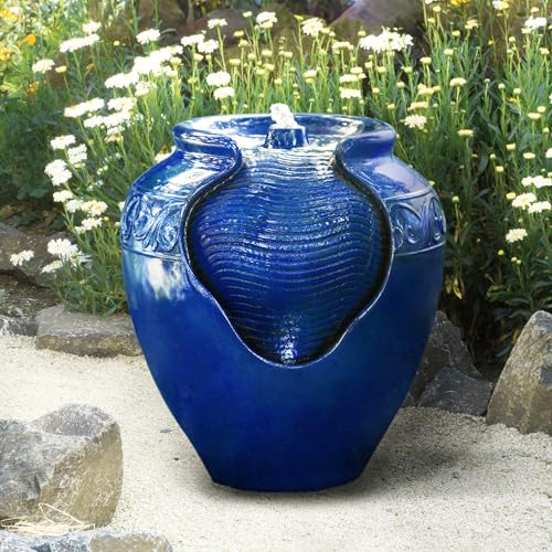 16.96 in. Outdoor Glazed Pot Water Fountain with LED Lights (Blue)