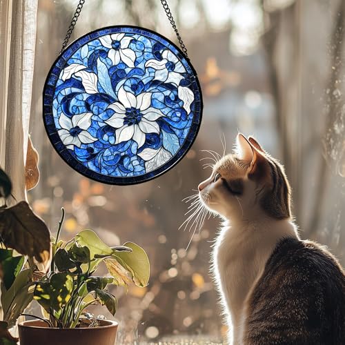 Blue White Flower Stained Glass Window Hanging Suncatcher Gift for Mom 12"