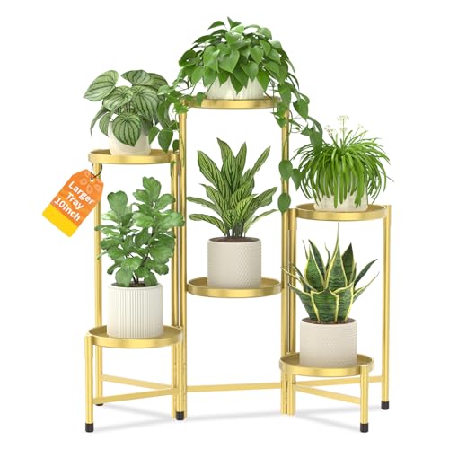 Plant Stand Indoor with 10 Inch Large Metal Tray (Warm Gold / 6 Tier)