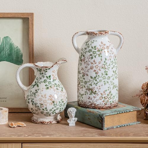 11.2" Rustic Ceramic Vase (06-green and Beige-11.2 in)