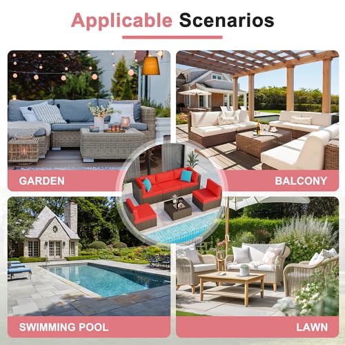 6 Pieces Patio Furniture Set Outdoor Couch Wicker Sectional Sofa (Red / 6 pcs)