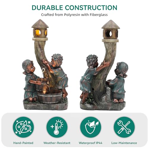 AUTODAYA 31" Boy and Girl Outdoor Fountain LED 3 (31"h Bronze)