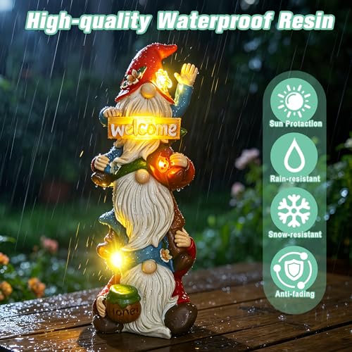Garden Triple Stacked Gnome Statue with Solar Light Outdoor Decor (Solar Gnome)