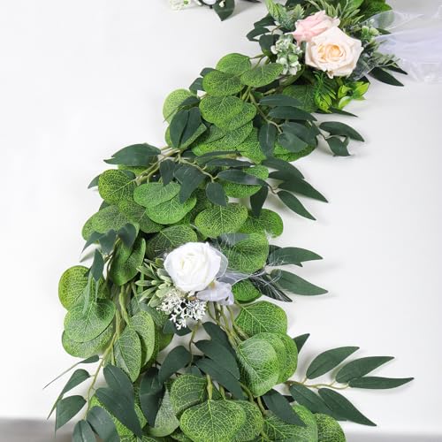 Artificial Silk Eucalyptus Vine Garland with Willow Leaves 2P 6Ft (Eucalyptus Leaf Dark Green)