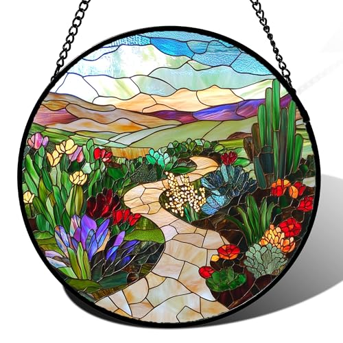 Desert Garden Path Stained Glass Window Hanging Suncatcher Gifts 6.3" (Multi Color / 6.3x6.3 IN)