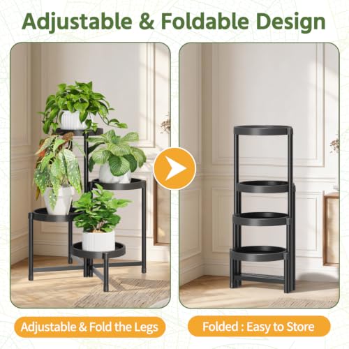 Plant Stand Indoor Outdoor with Large 10 Inch Plastic Tray (Solid Black with Large Tray / 4 Tier)
