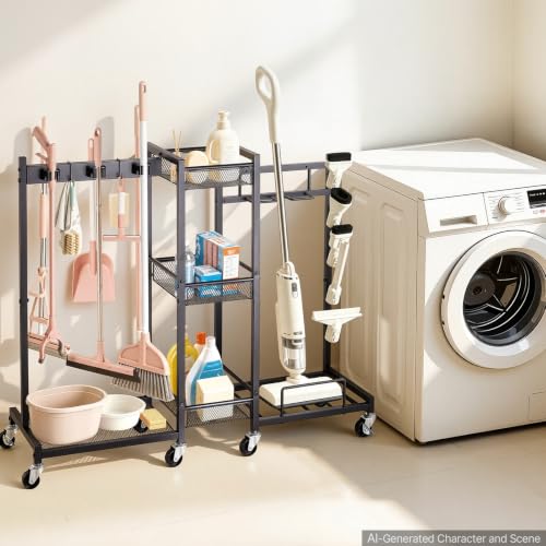Broom Holder with Cleaning Supplies Organizer (Large)