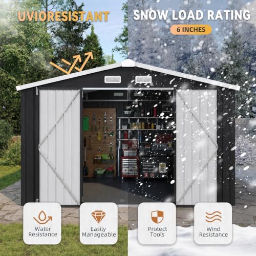 10x12FT Shed with Floor Galvanized Steel Outdoor Storage Shed Black (Black / 10'x12'w)