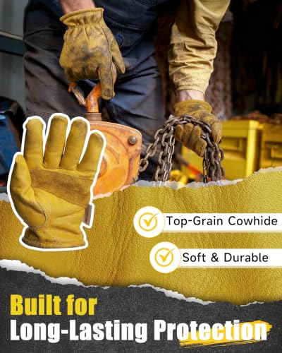 Water Repellent Cowhide Leather Winter Work Gloves for Men Gold XXL (Golden - Thermal / XX-Large)