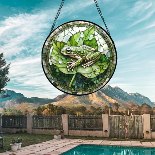 Green Frog Lily Pond Stained Glass Window Hanging Suncatcher Gifts 7.8" (Green / 7.8x7.8 IN)