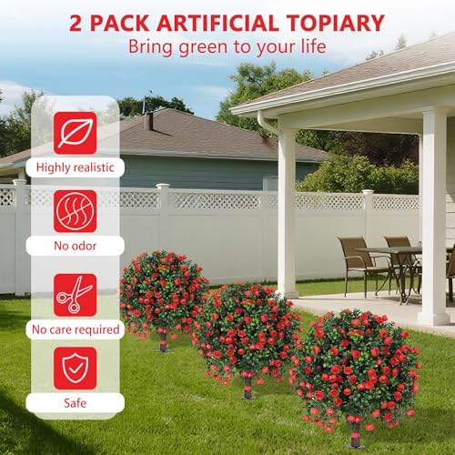 2 Pack Artificial Rose Topiary Ball Trees with Ground Spike (Red Rose)