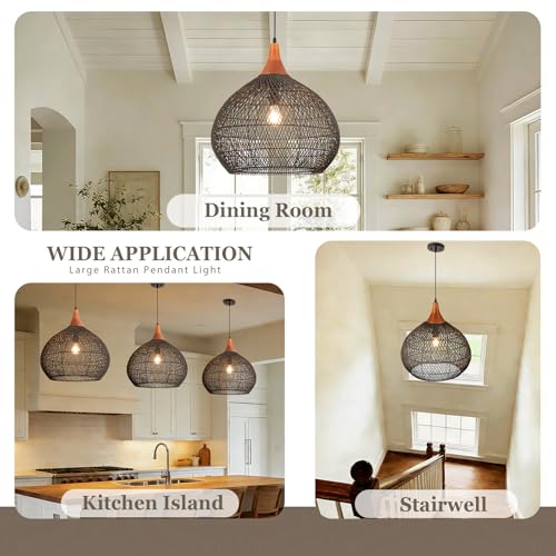 Large Black Rattan Pendant Light (Wood + Black Rattan / D 20", Extra Large)