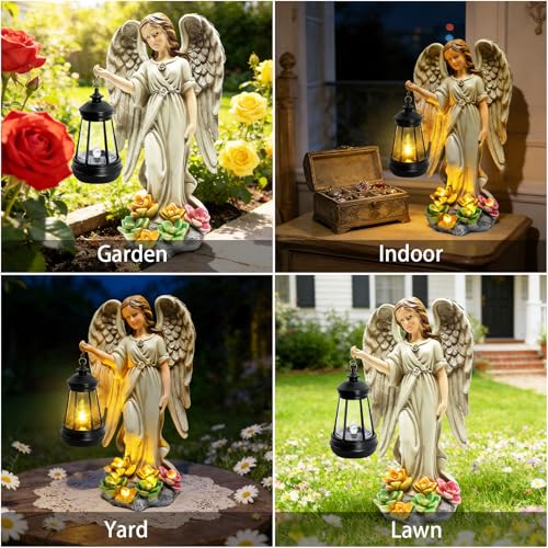 Solar Garden Statue Angel Figurine (Grey - Angel with Lantern)