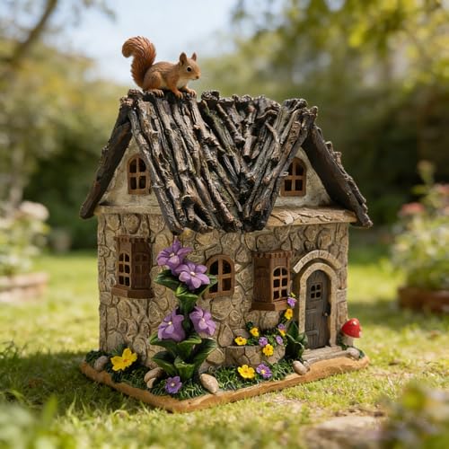 Enchanted Fairy Garden Cottage with Twig Roof & Floral Accents (Enchanted Fairy Cottage)
