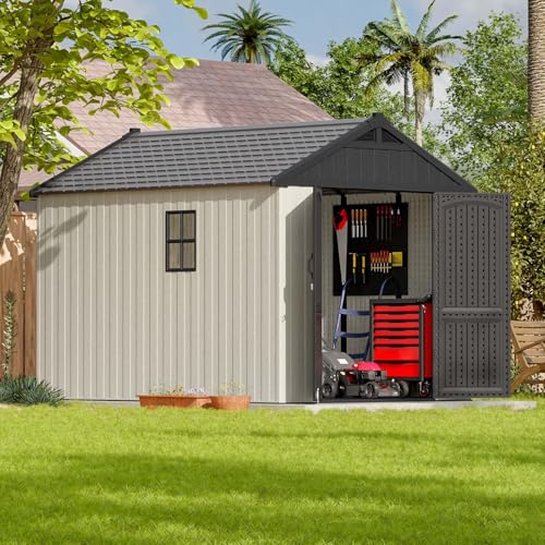 8x10 FT Resin Outdoor Storage Shed with Floor (Beige / 8x10 FT)